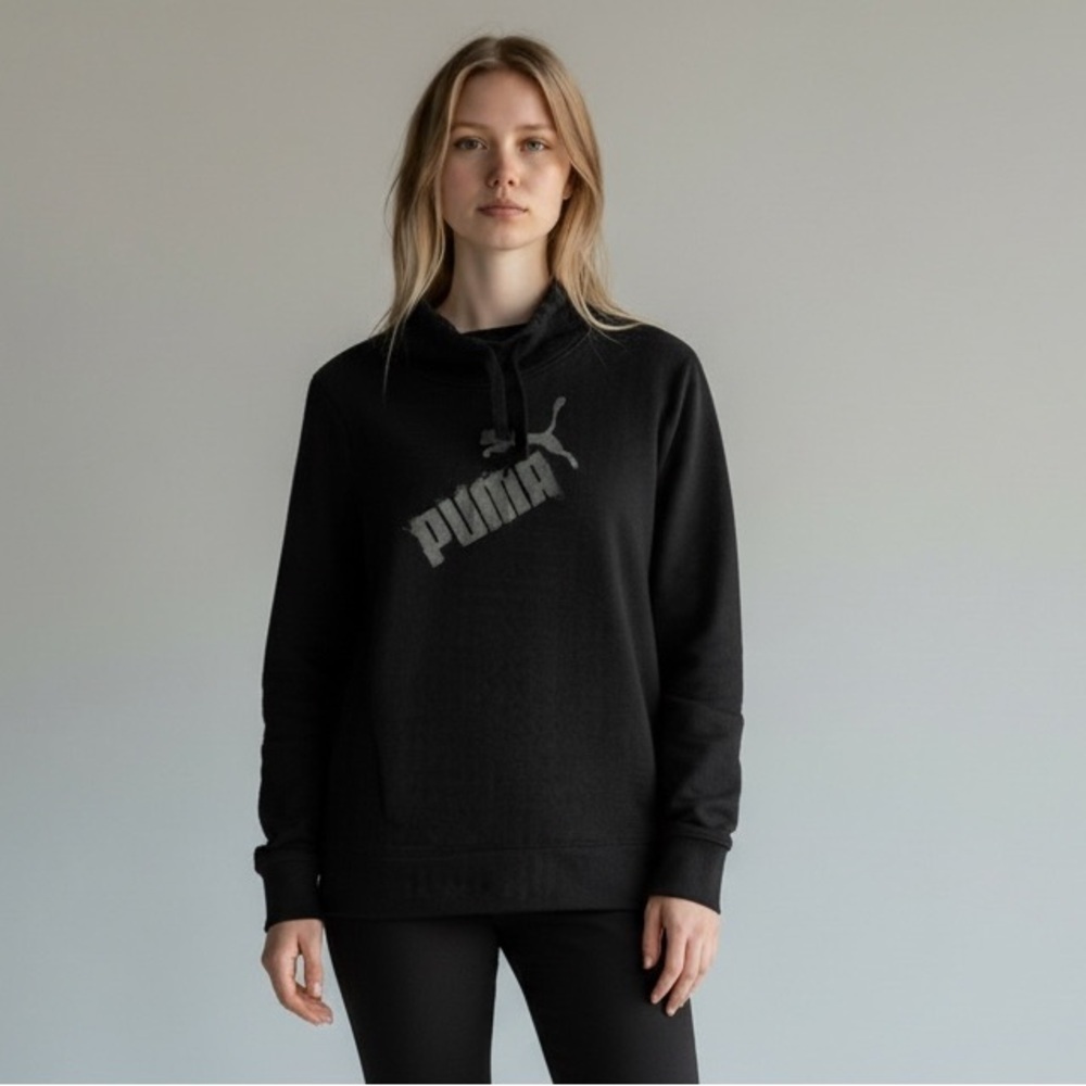 Puma branded sweatshirt drawstring cowl neck with kangaroo pocket black Size XS
